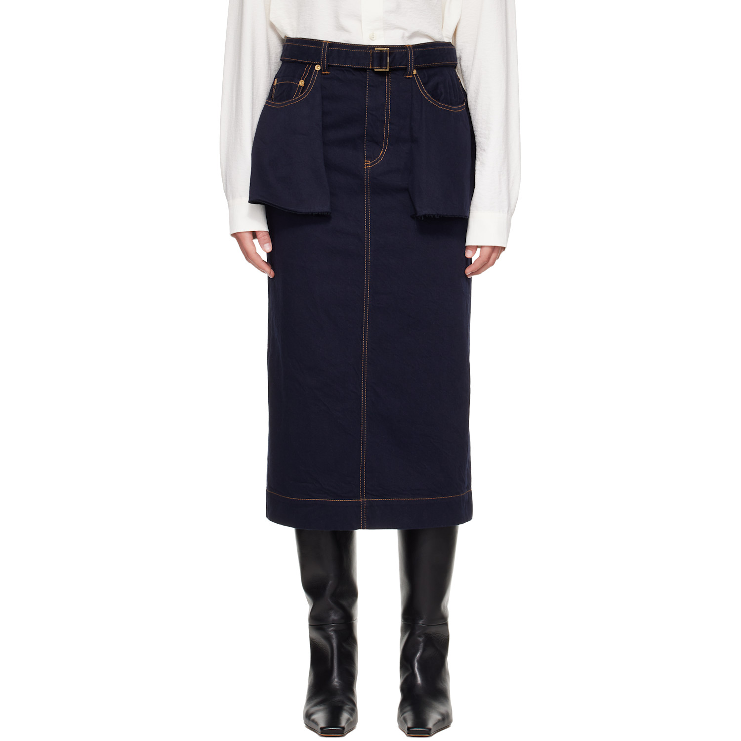 Navy Denim Midi Skirt
