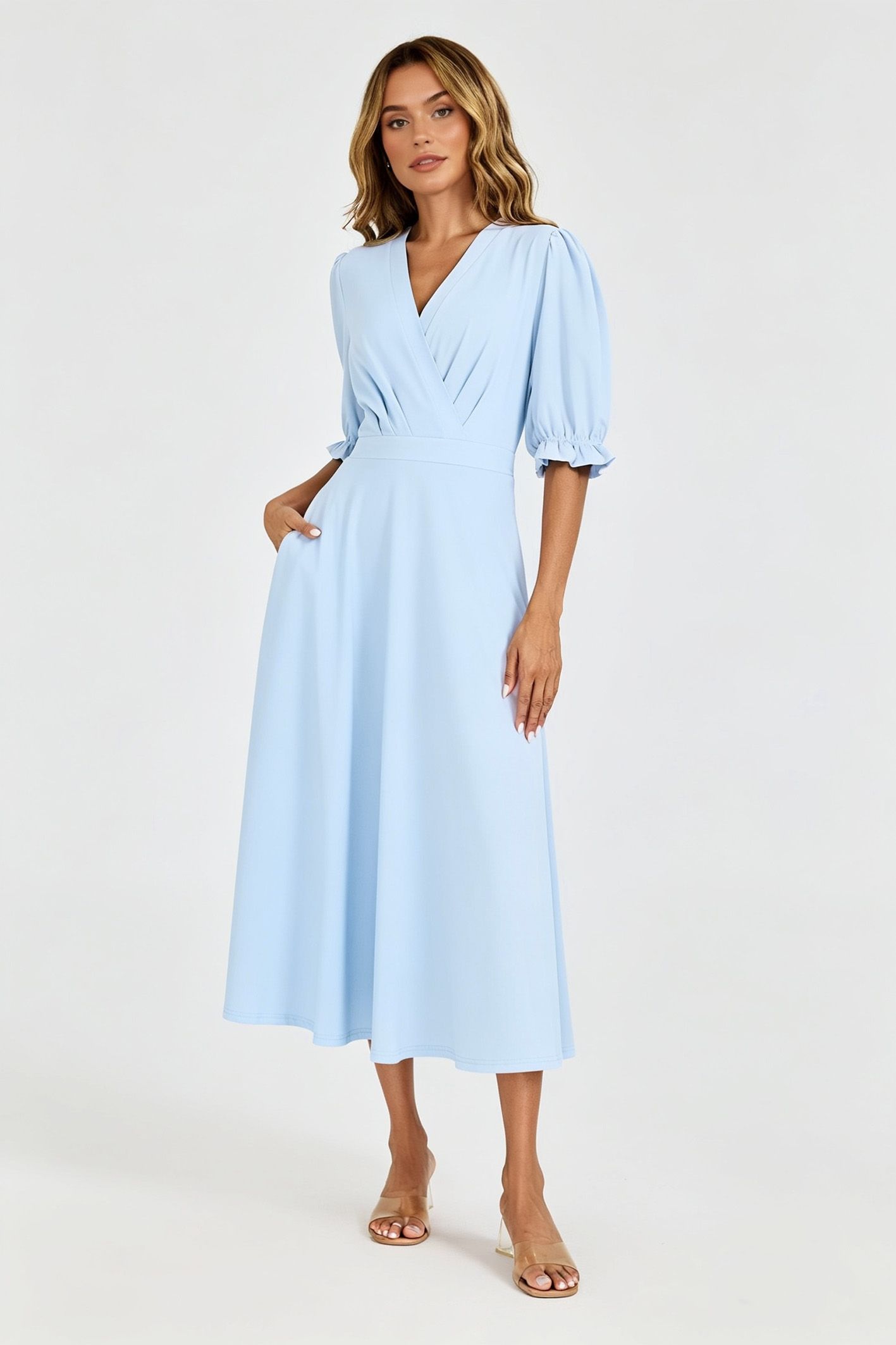 Fs Collection Half Sleeves Jersey Midi Dress With Wrap Neckline In Pale Blue