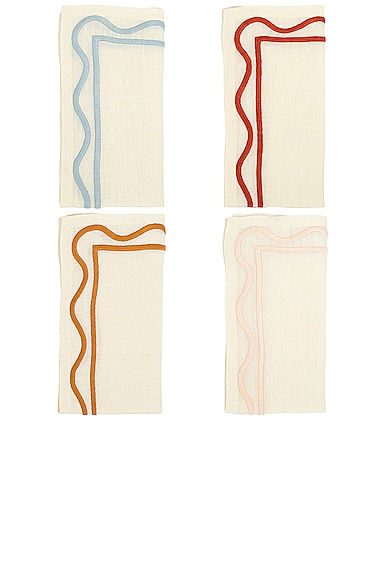Misette Embroidered Linen Napkins Set in Colorblock Multicolor - Cream. a