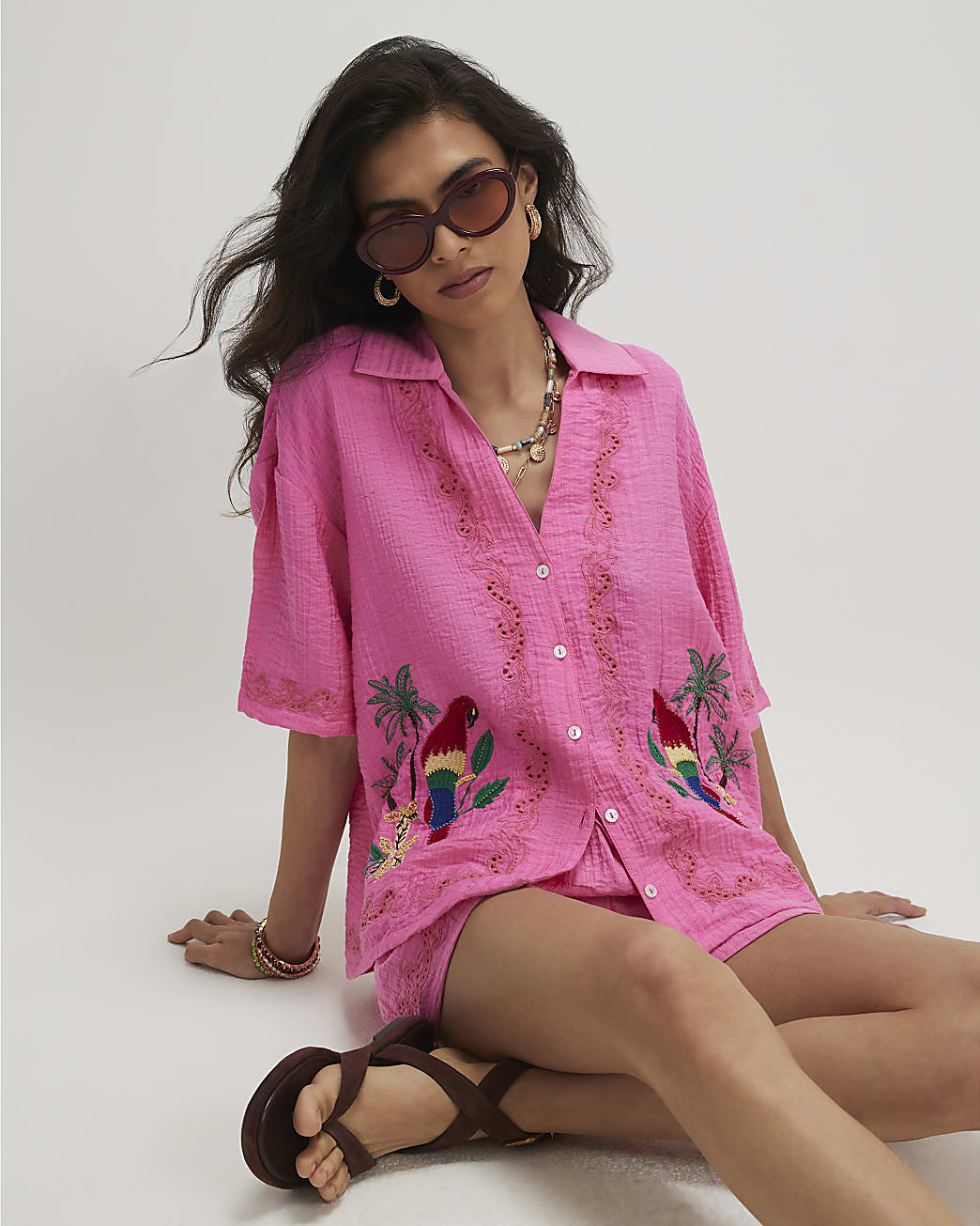 River Island Womens Top Pink Parrot Embroidered Broderie Short Sleeve Viscose - X-Sma