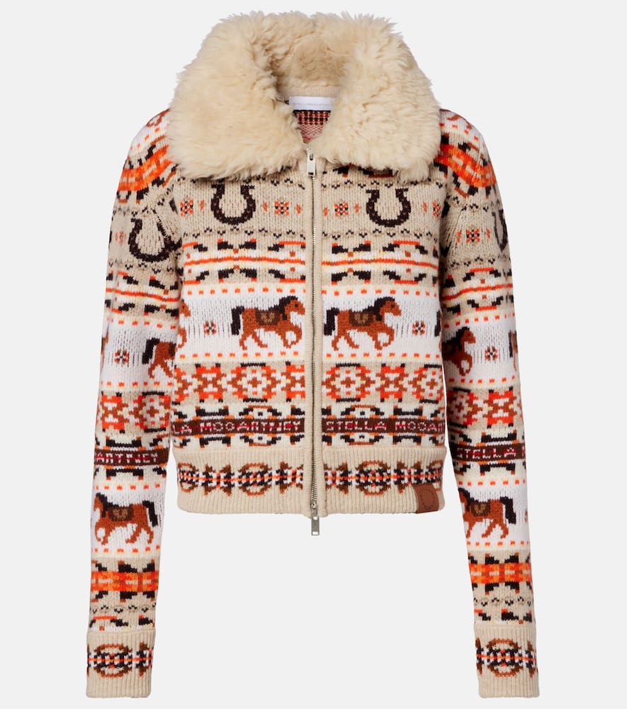Intarsia virgin wool zip-up cardigan