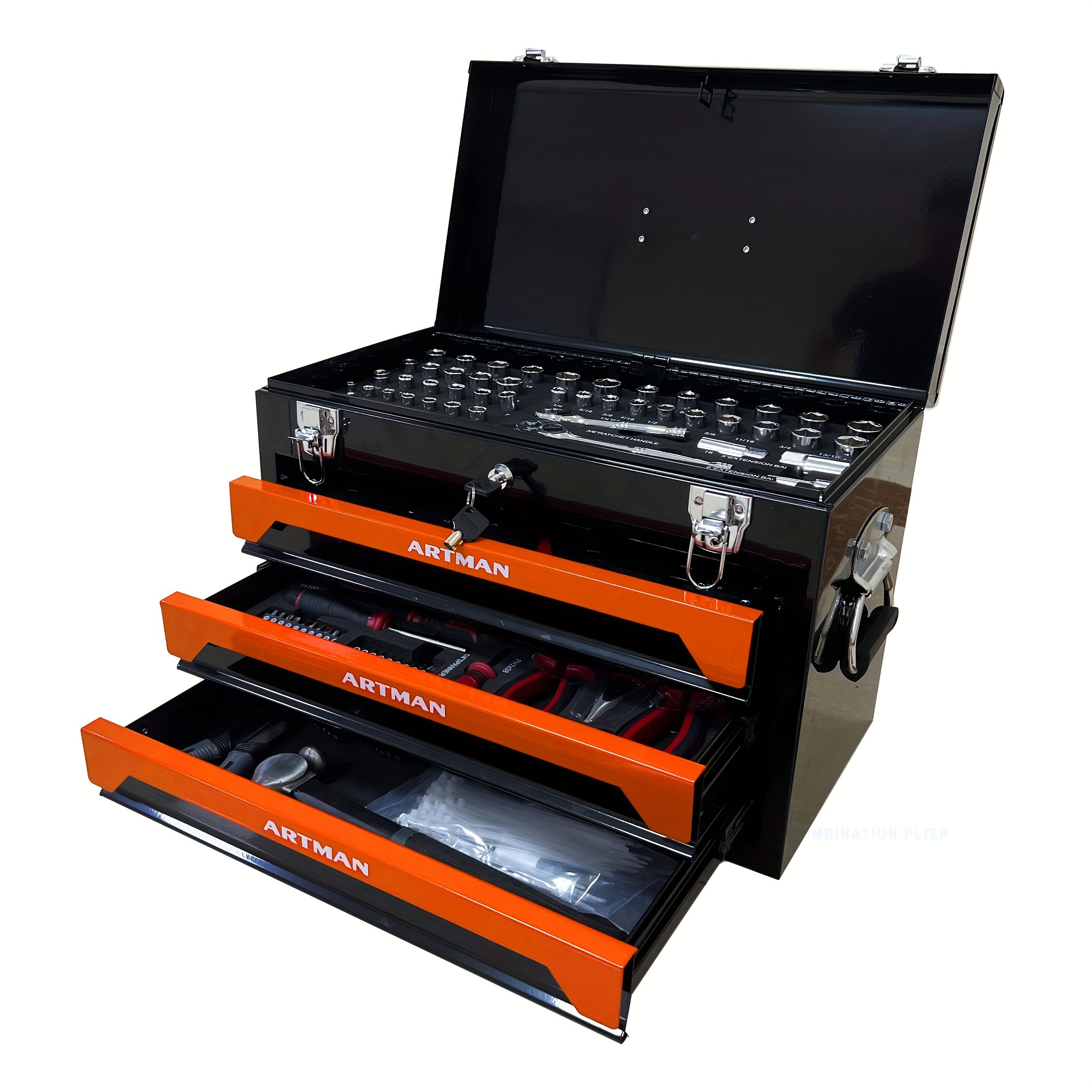 TEMU 239/439pcs Mechanics Tool Set, Household Tool Kit With 3-drawer Heavy Duty Metal Box, Portable Tool Box For Home/auto Repair