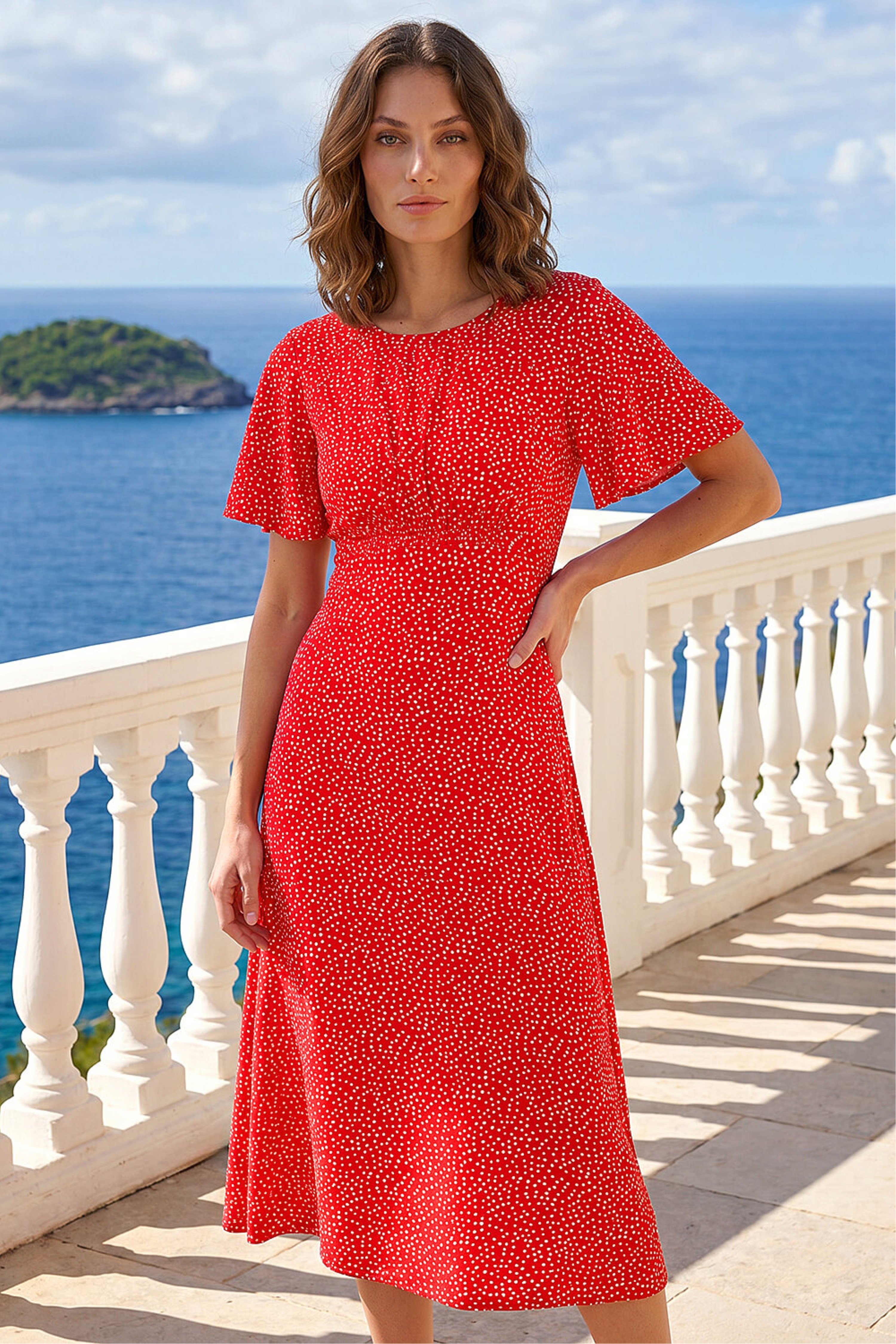 Roman Womens Petite Polka Dot Midi Dress - Red
