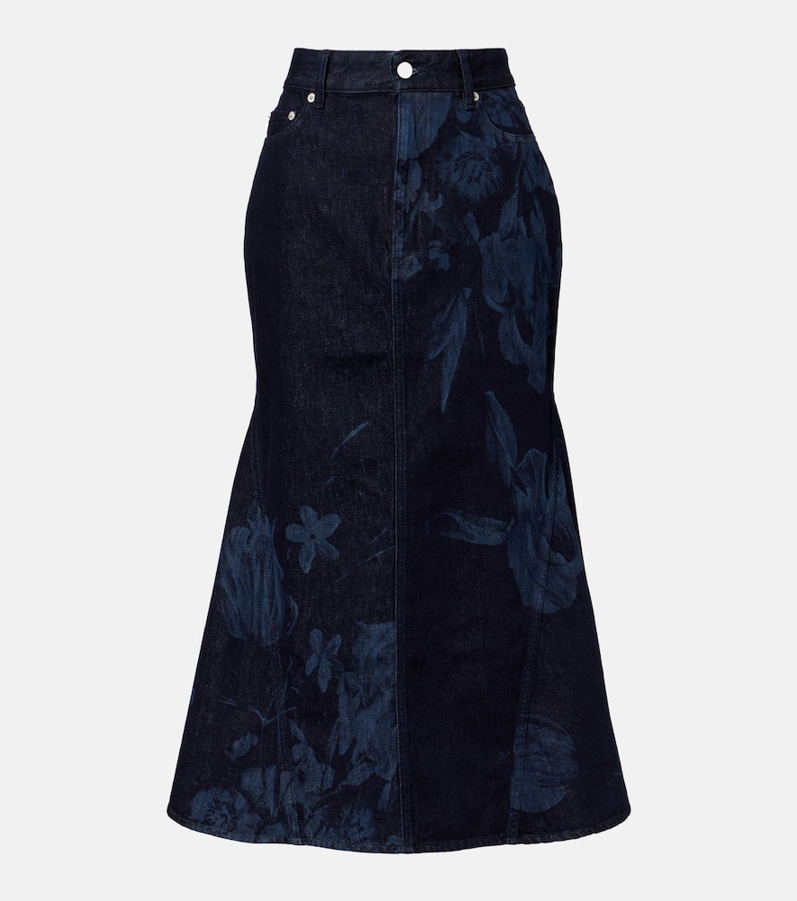 Floral flared denim midi skirt