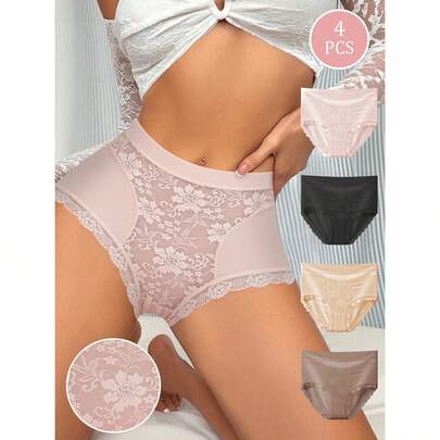 4-Pack Women's Mid-Waist Briefs Sexy Lace Print Design Comfortable Fit Skin-Friendly Breathable Soft Elastic S-XX Sizes Available