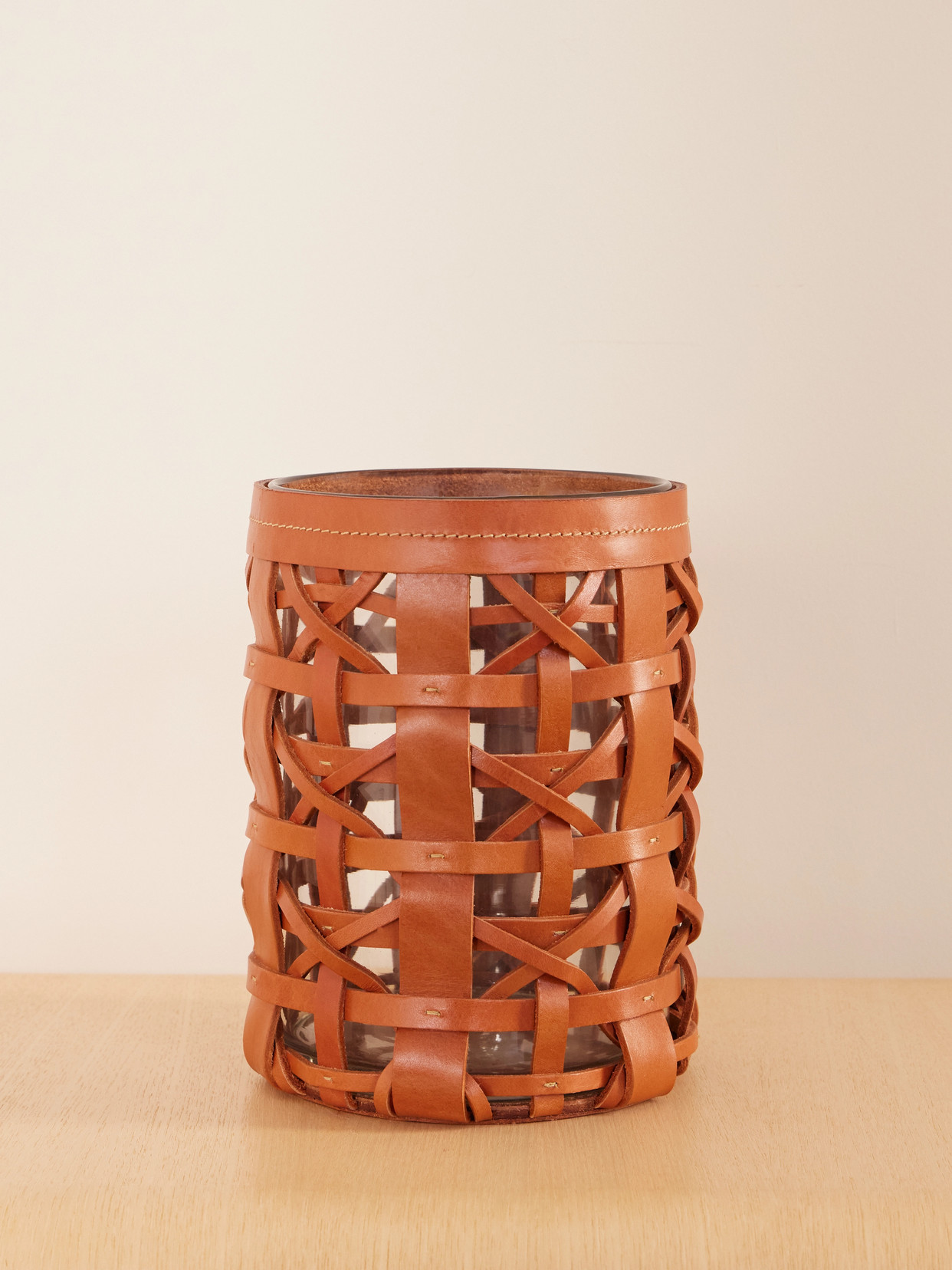 Preston Mini Woven Leather And Glass Hurricane Candle Holder - Brown