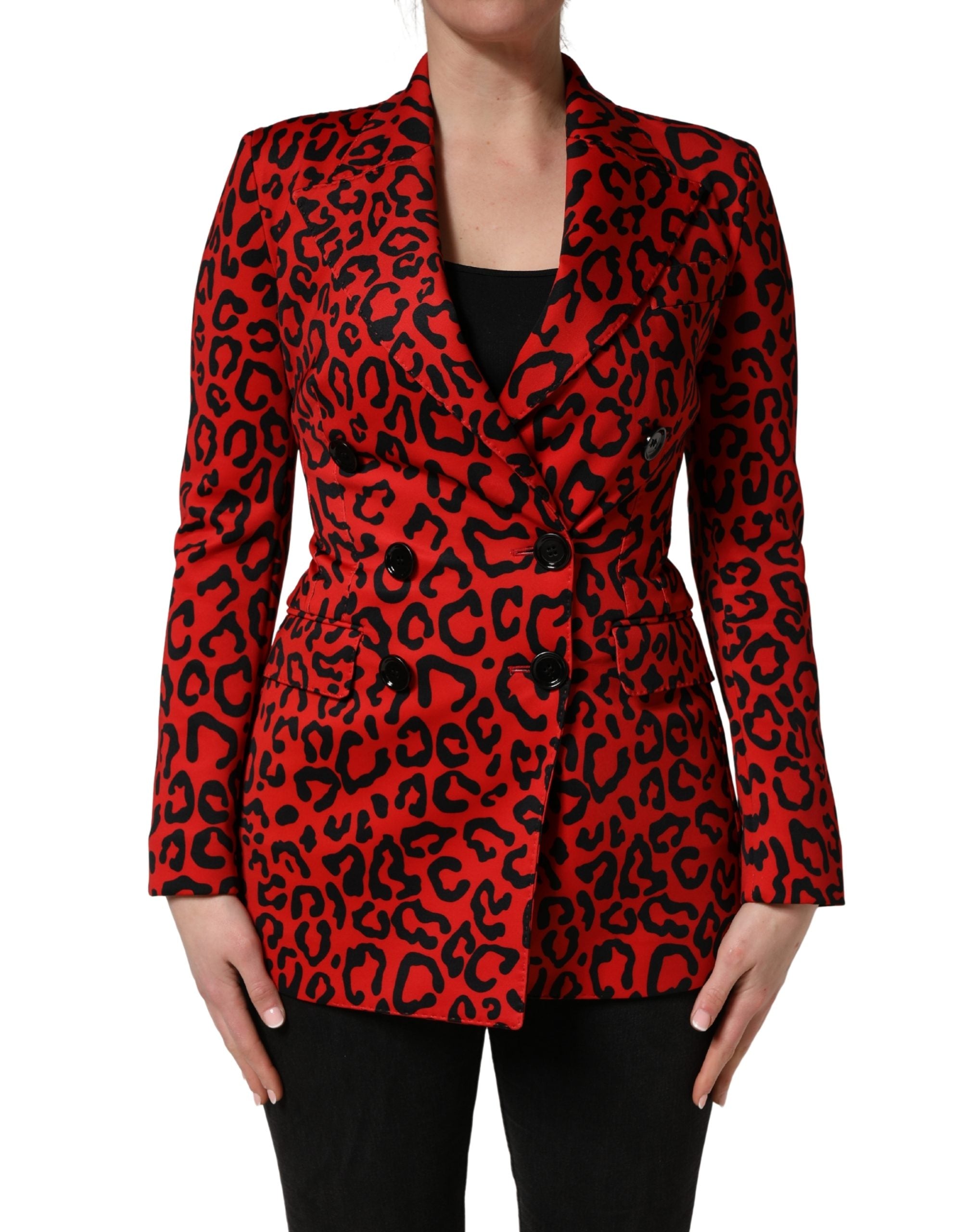 Leopard-Print Double-Breasted Blazer — Red