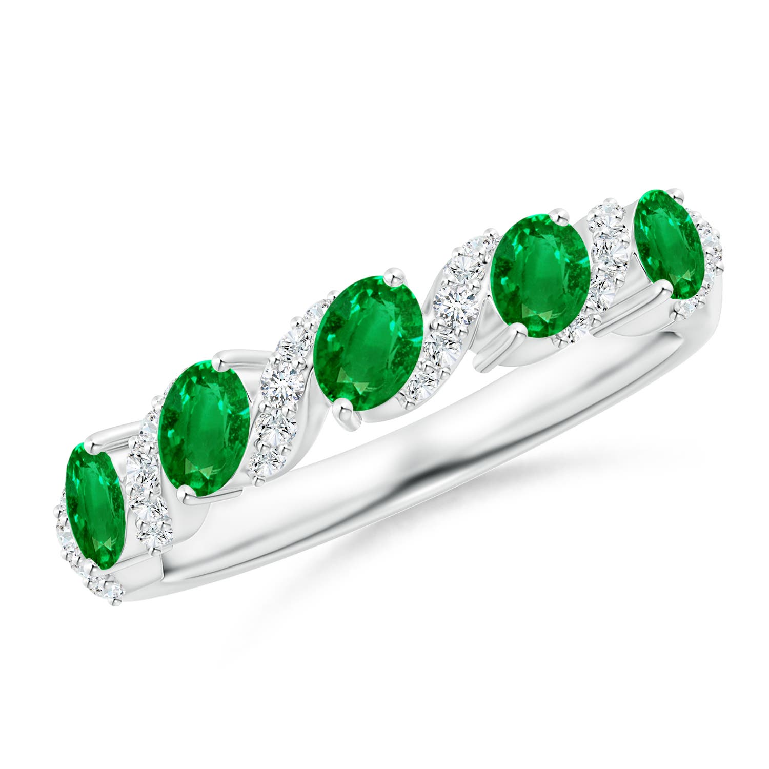 Angara 0.6 Carat Five Stone Oval Emerald Swirl Ring with Diamonds in 14K White Gold