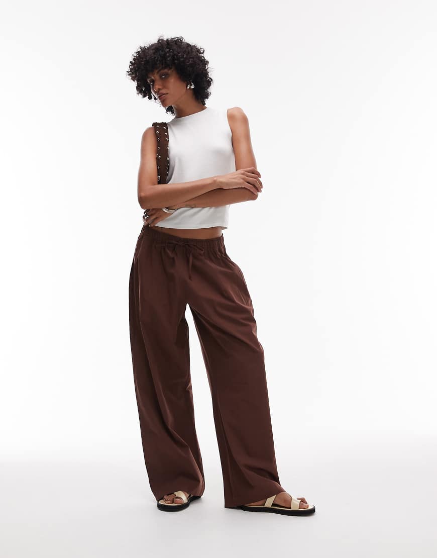 Poplin pull on wide leg trouser in brown