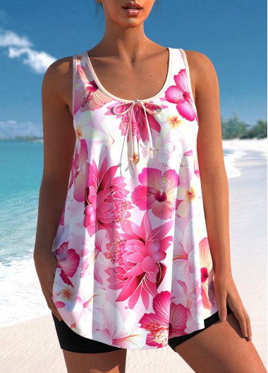 Modlily Floral Print Wide Strap Pink Tankini Set