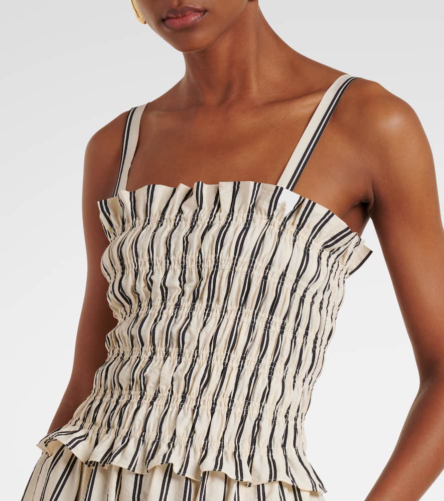 Shirred striped silk-blend midi dress