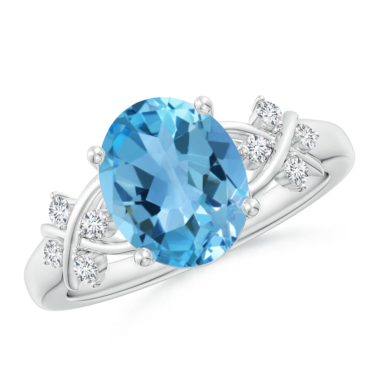 Angara 3.25 Carats Solitaire Oval Swiss Blue Topaz Criss Cross Ring with Diamonds in Platinum