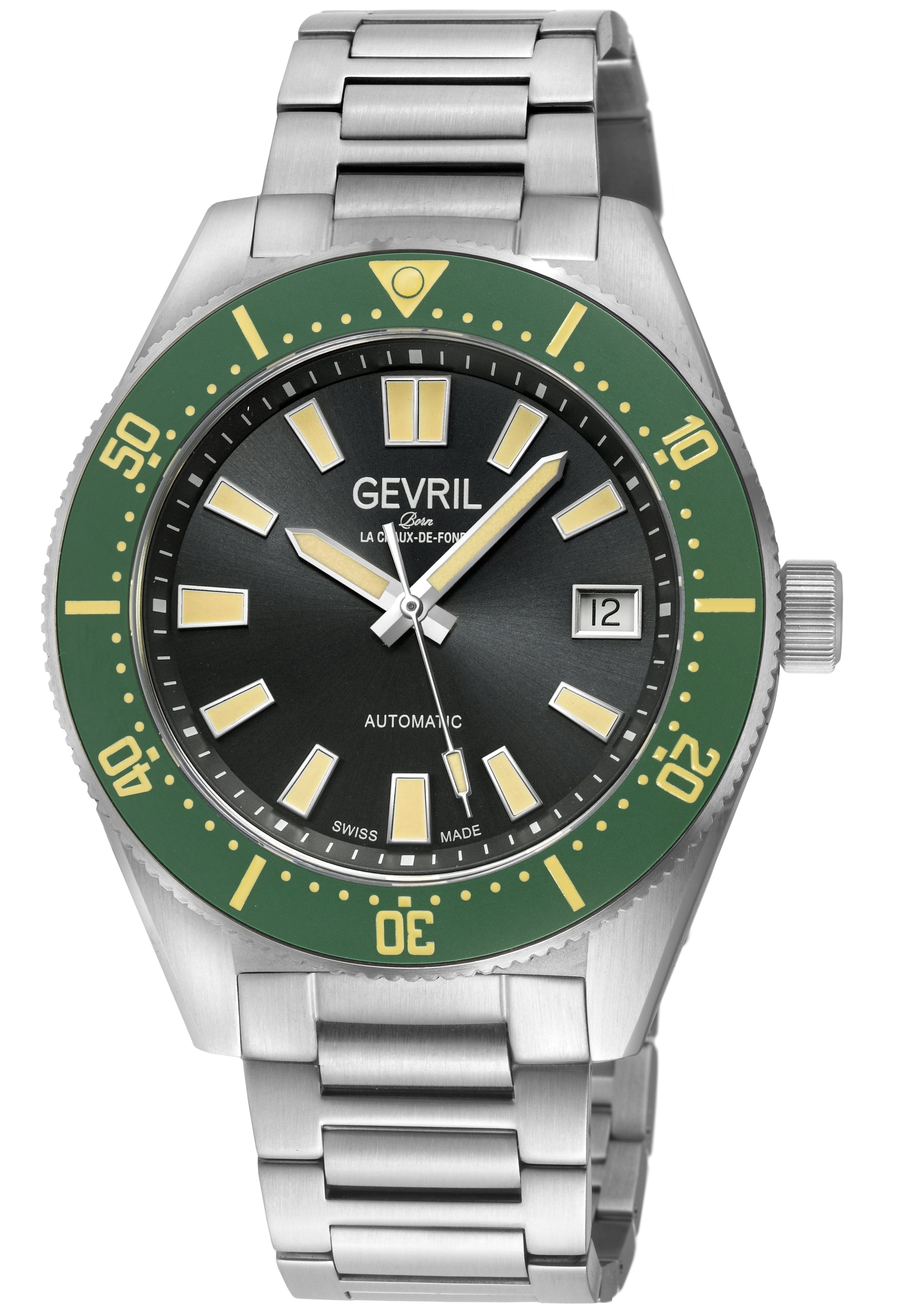 Men's Mariner Row Automatic, SS Case, Green Ceramic Bezel, Black Dial, 316L Stainless Steel Satin Bracelet Watch