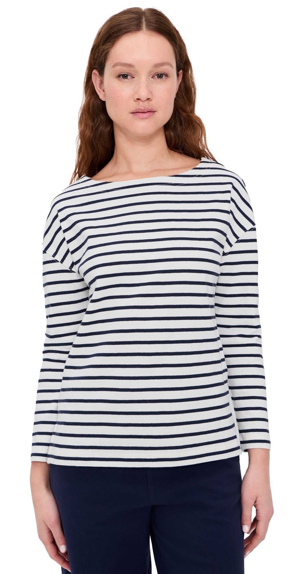 Avignon Boat Neck Striped Tee In Cotton Ivory/Navy