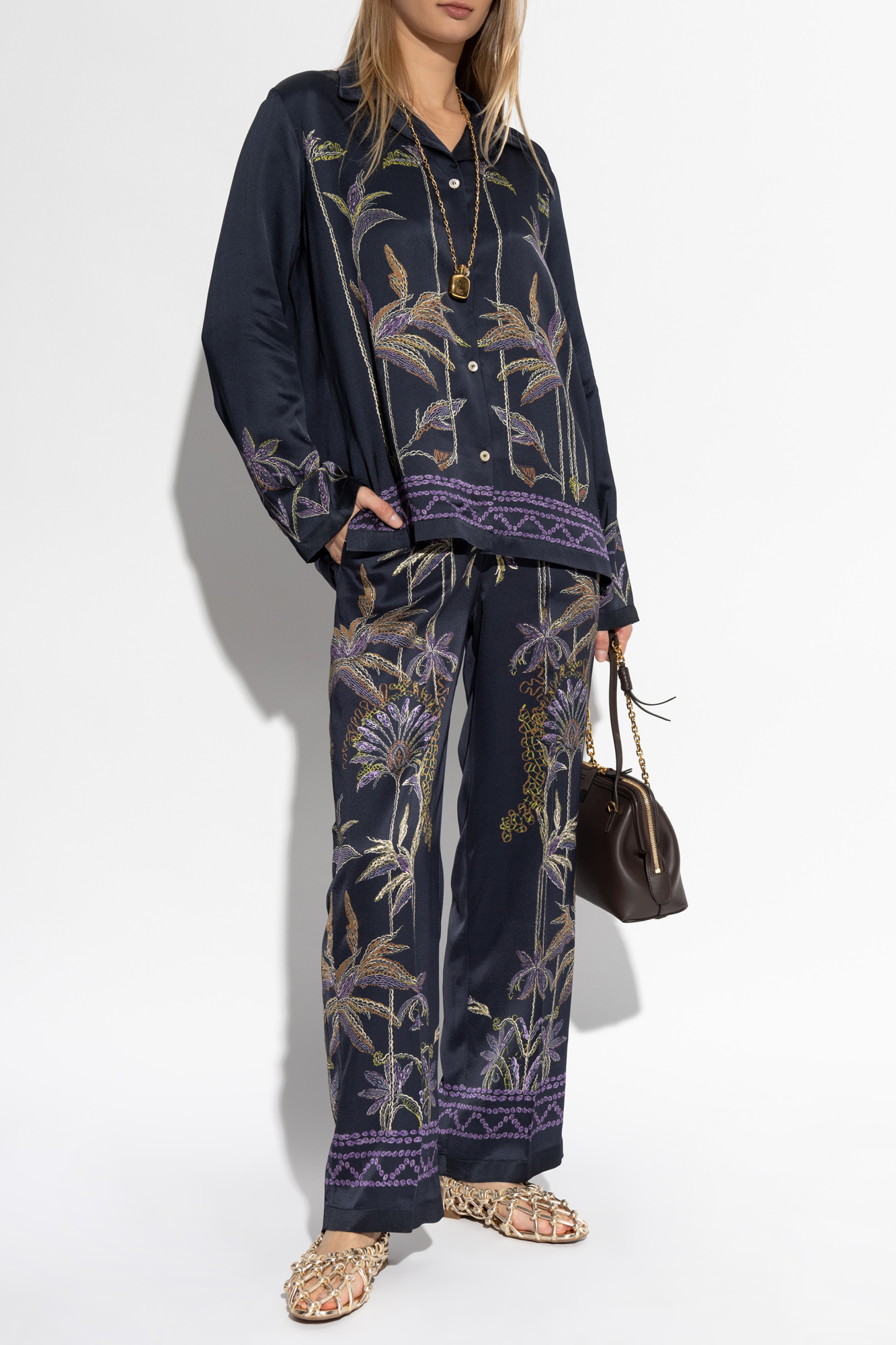 Satin Shirt With Print, Women's, Navy Blue