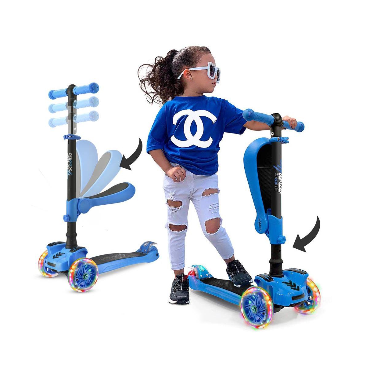 3-Wheeled Scooter for Kids - Wheel Led Lights, Adjustable Lean-to-Steer Handlebar, and Foldable Seat - Sit or Stand Ride