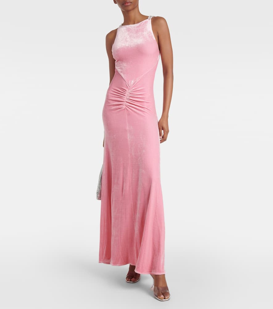 Embellished ruched velvet gown