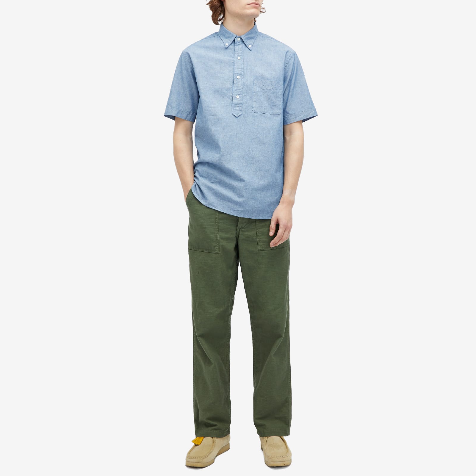Men's Button Down Popover Short Sleeve Chambray Shirt in Blue