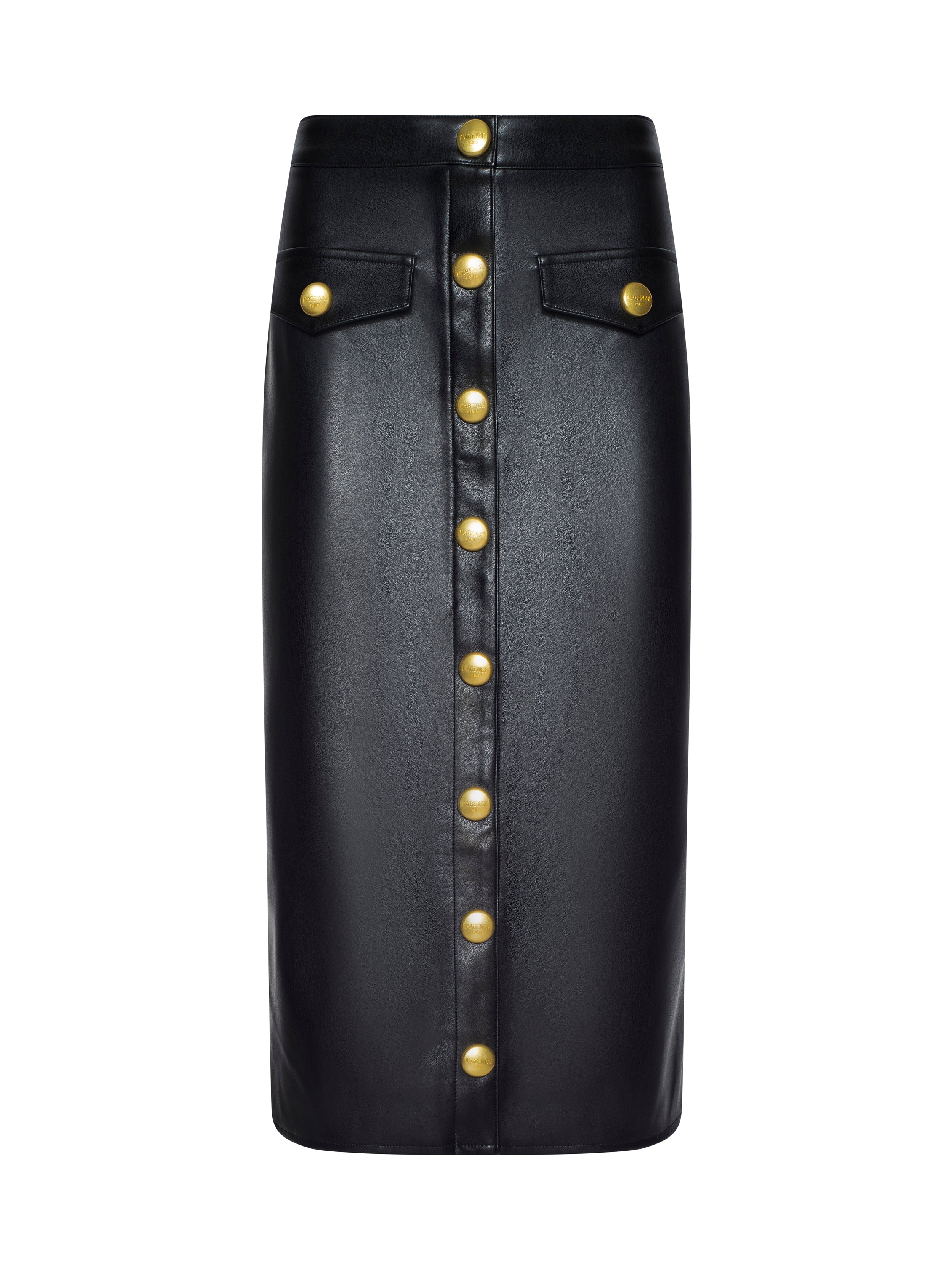Milann Vegan Leather Skirt In Black/gold