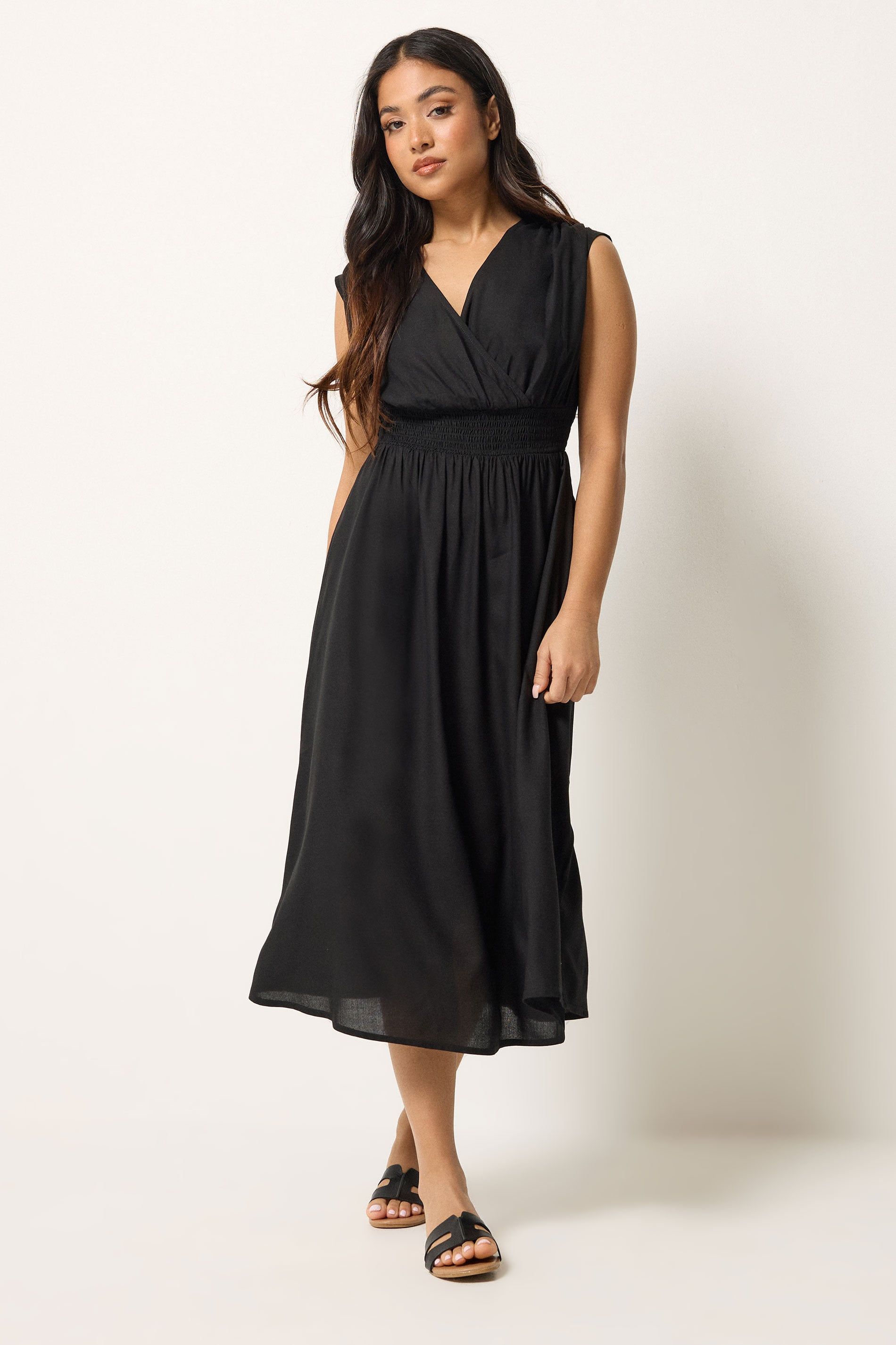 Pixiegirl Petite Shirred Waist Midi Dress In Black