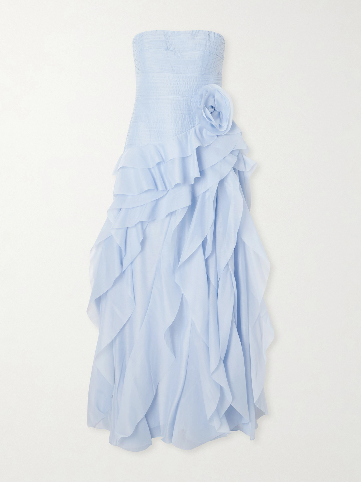 Canyon Strapless Appliquéd Ruffled Pleated Chiffon Gown