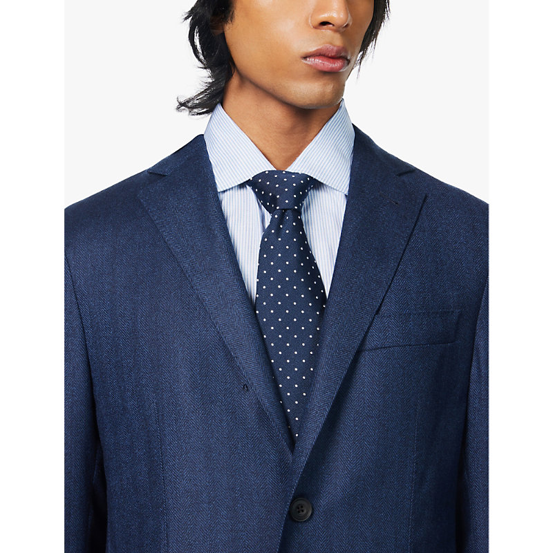 Mens Blue Herringbone Single-breasted Brushed Wool Blazer