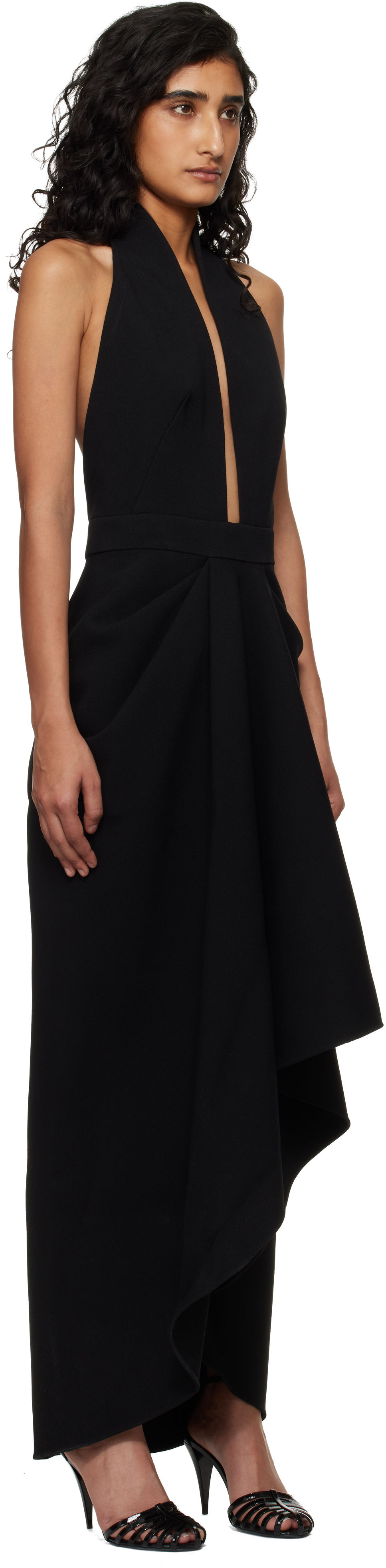 Black Draped Wool Maxi Dress
