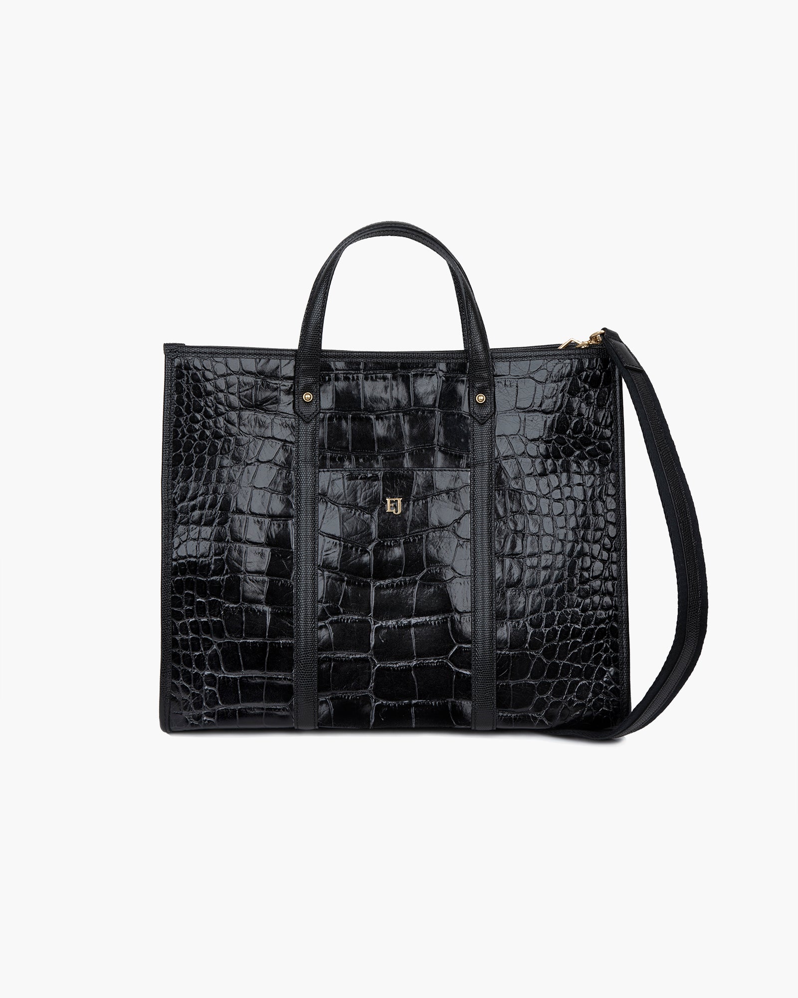 TaTa Tote Bag - Black Embossed Calf Leather, Magnetic Snap Closure, Detachable Shoulder Strap, Canvas Lining, Laptop Compatible