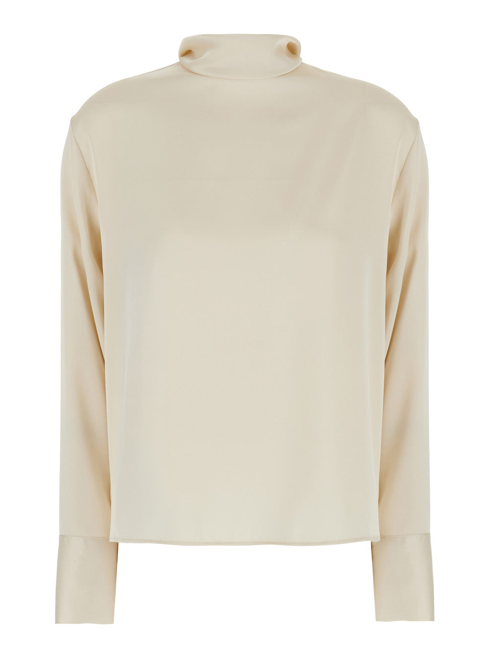 High-Neck Satin Blouse — Beige