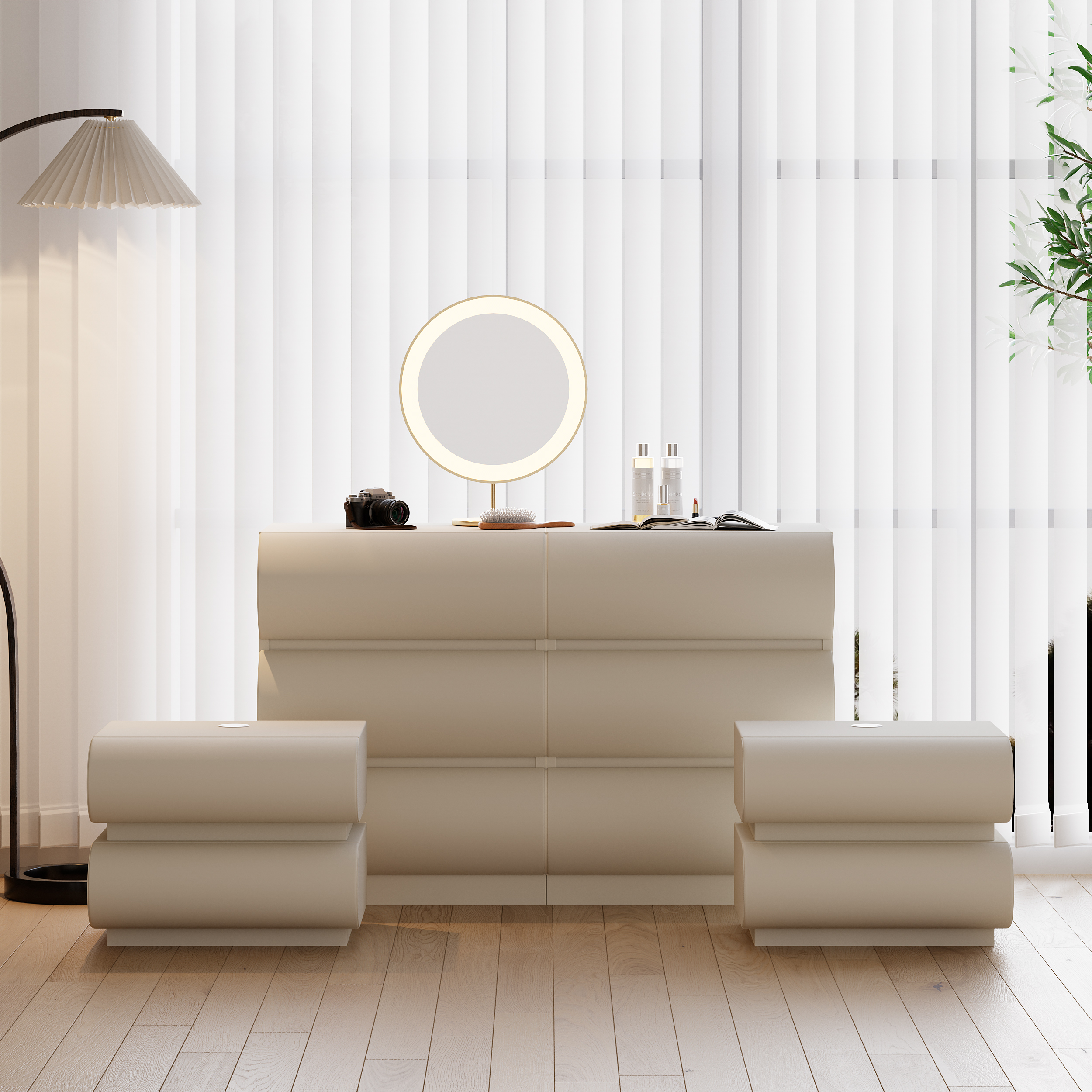 Juego de dormitorio, 2 mesitas de noche inteligentes de cuero blanco y juego de cómoda de cuero con 6 cajone