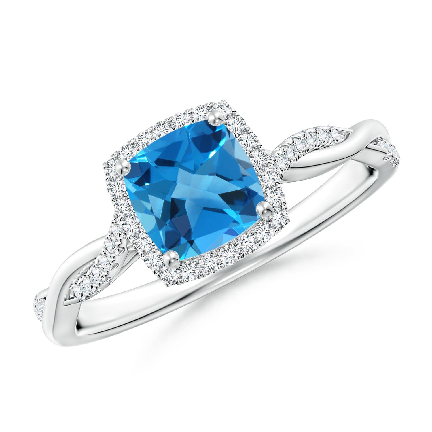 Angara 1.1 Carats Twisted Shank Cushion Swiss Blue Topaz Halo Engagement Ring in Platinum