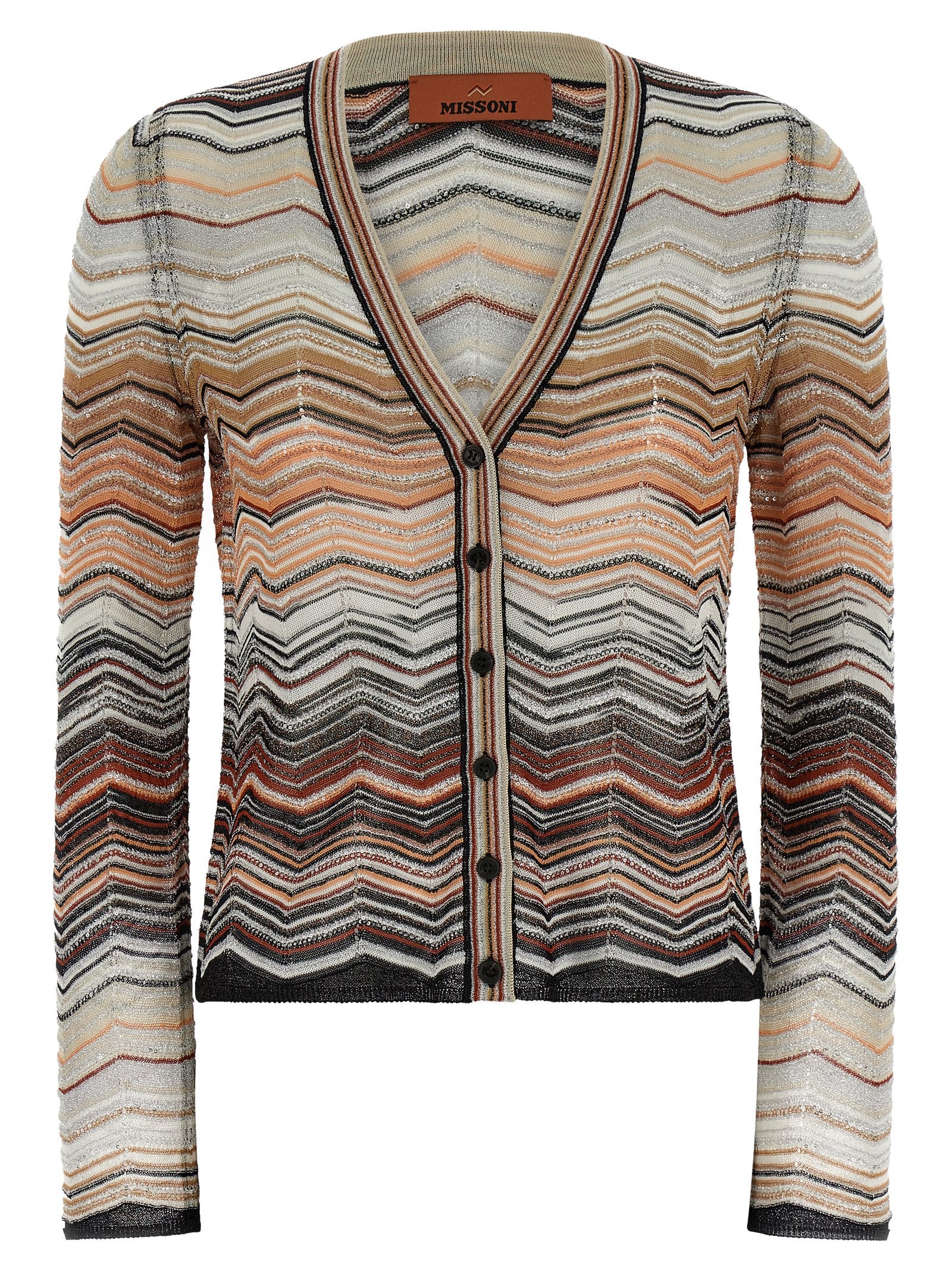 Chevron Lamé Cardigan — Brown