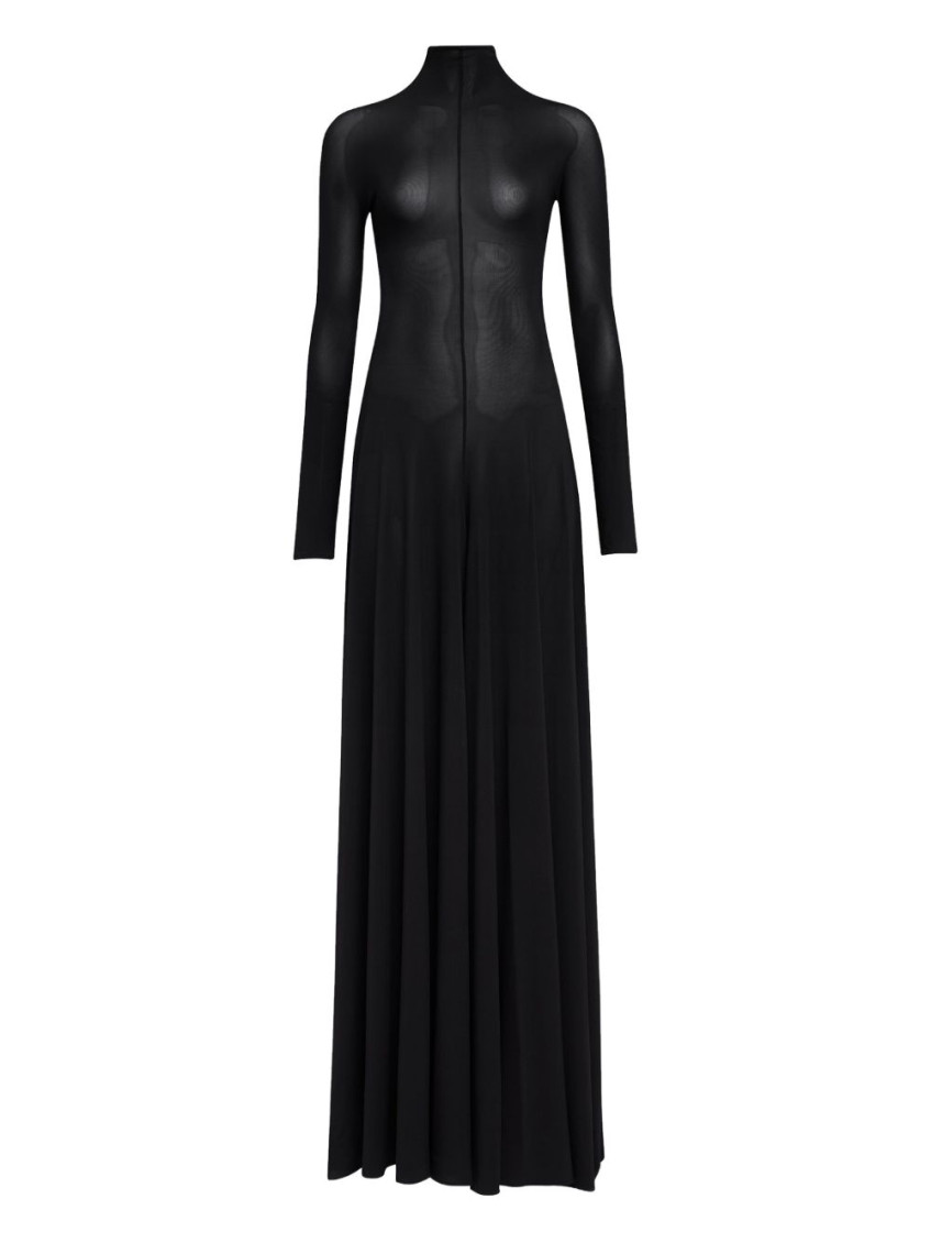 ALAIA HNK LS PLEAT SHEER MAXI DRESS BLACK