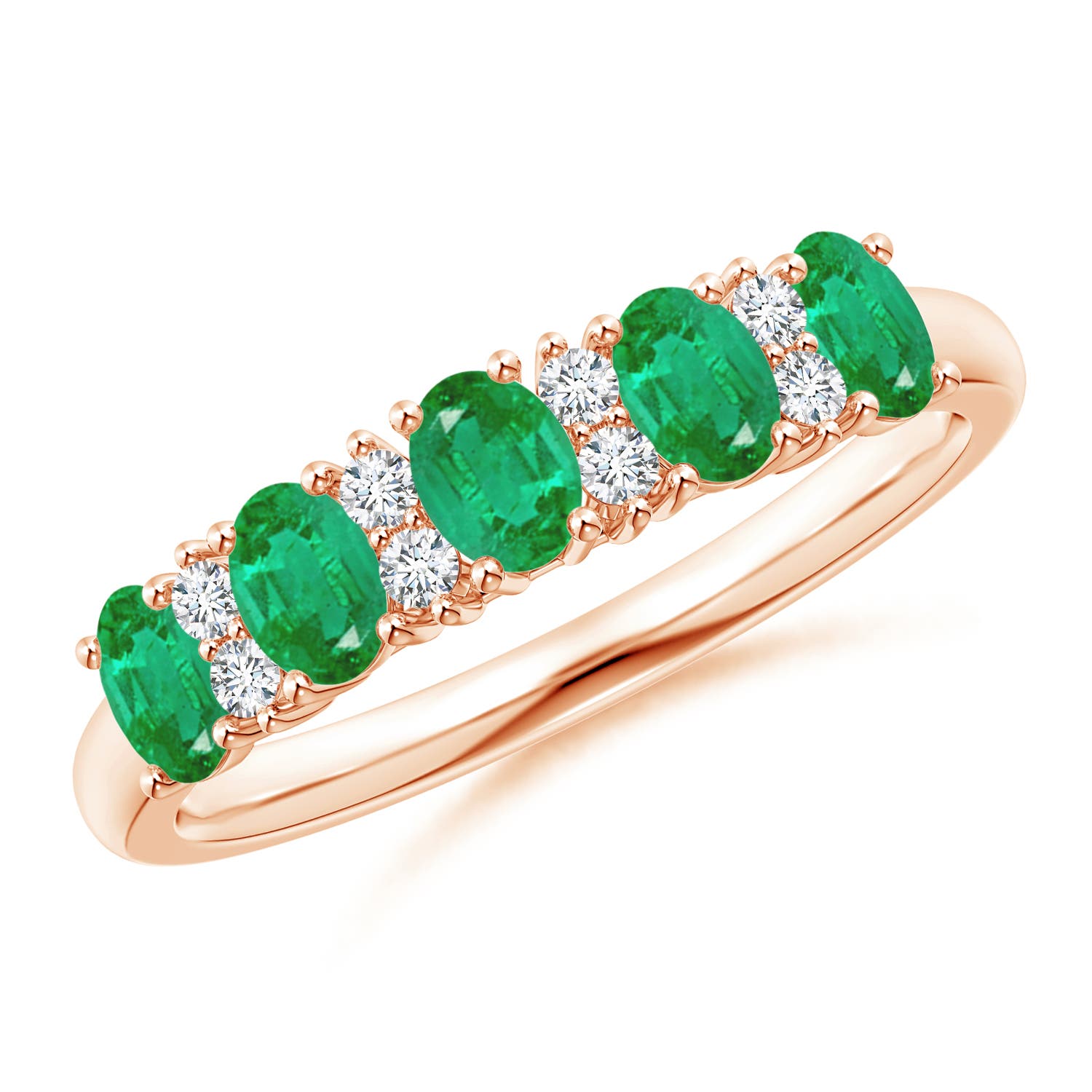 Angara 0.6 Carat Five Stone Emerald and Diamond Wedding Ring in 14K Rose Gold