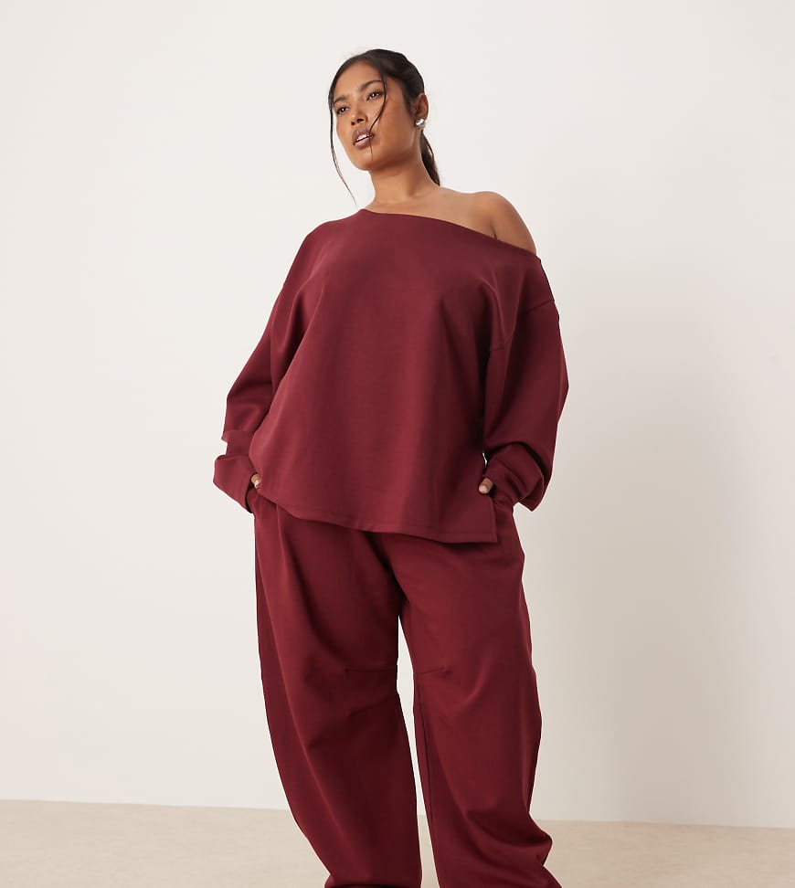 ASOS DESIGN Curve interlock barrel leg sweatpants in burgundy-Red