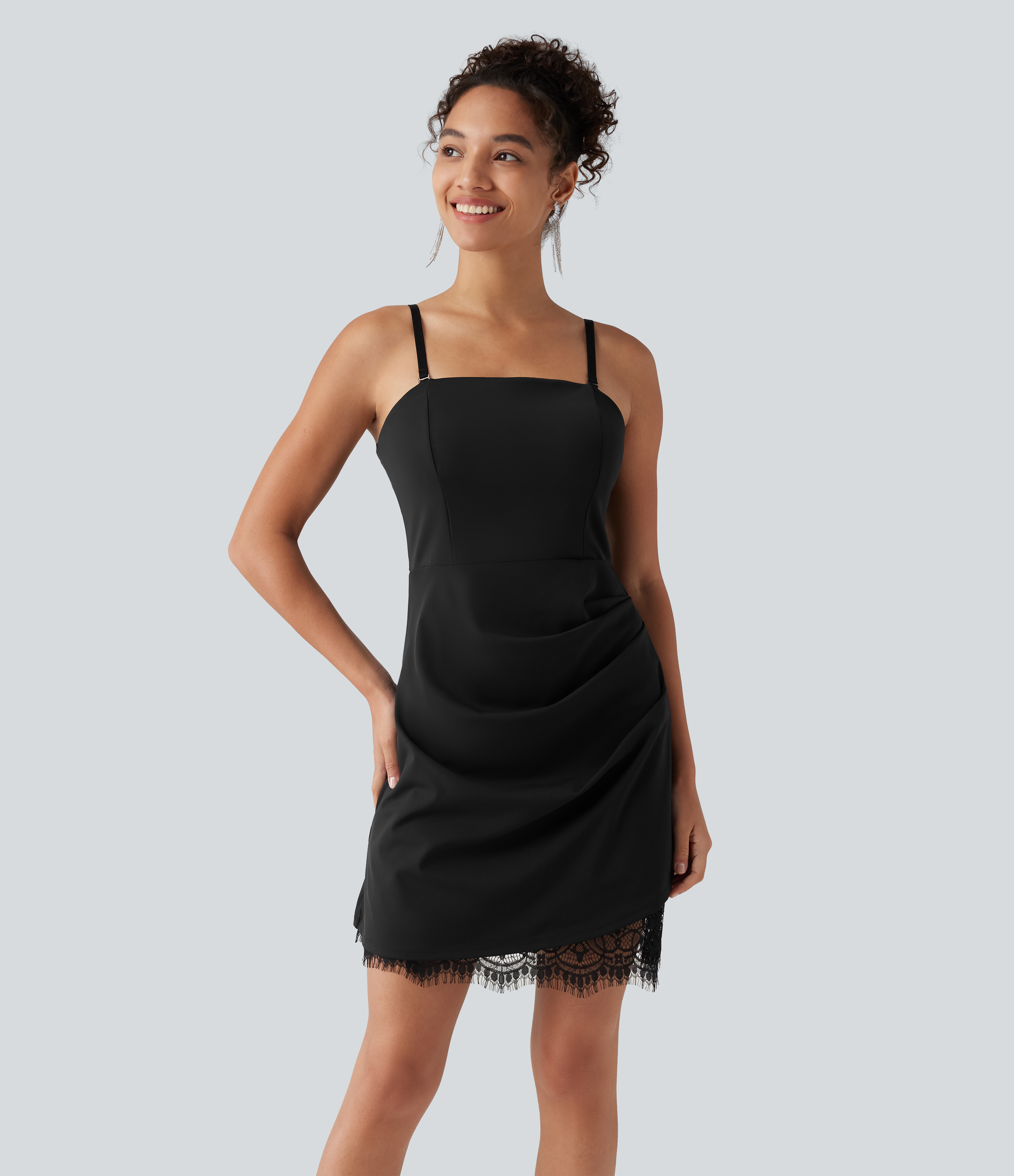 Softlyzero™ Airy Built-in Bra Contrast Lace Cool Touch Mini Slip Dress-UPF50+ Casual Dress - Black