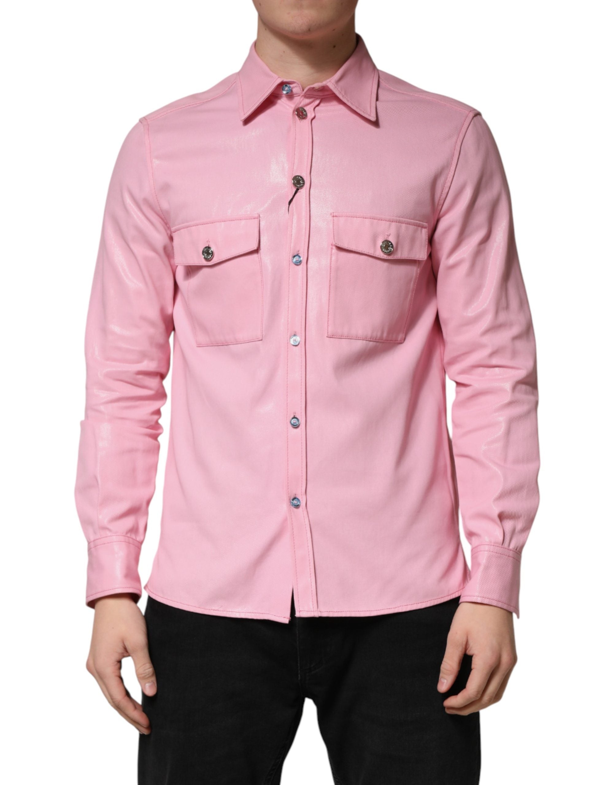 Cotton Button-Front Shirt — Pink