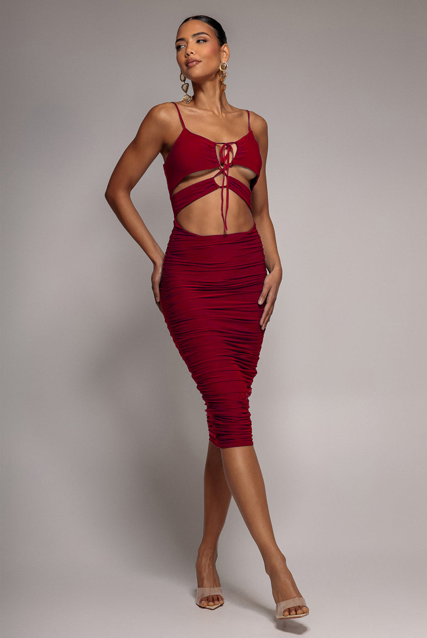Goddiva Cut Out Ruched Midi With Drawstring - Wine