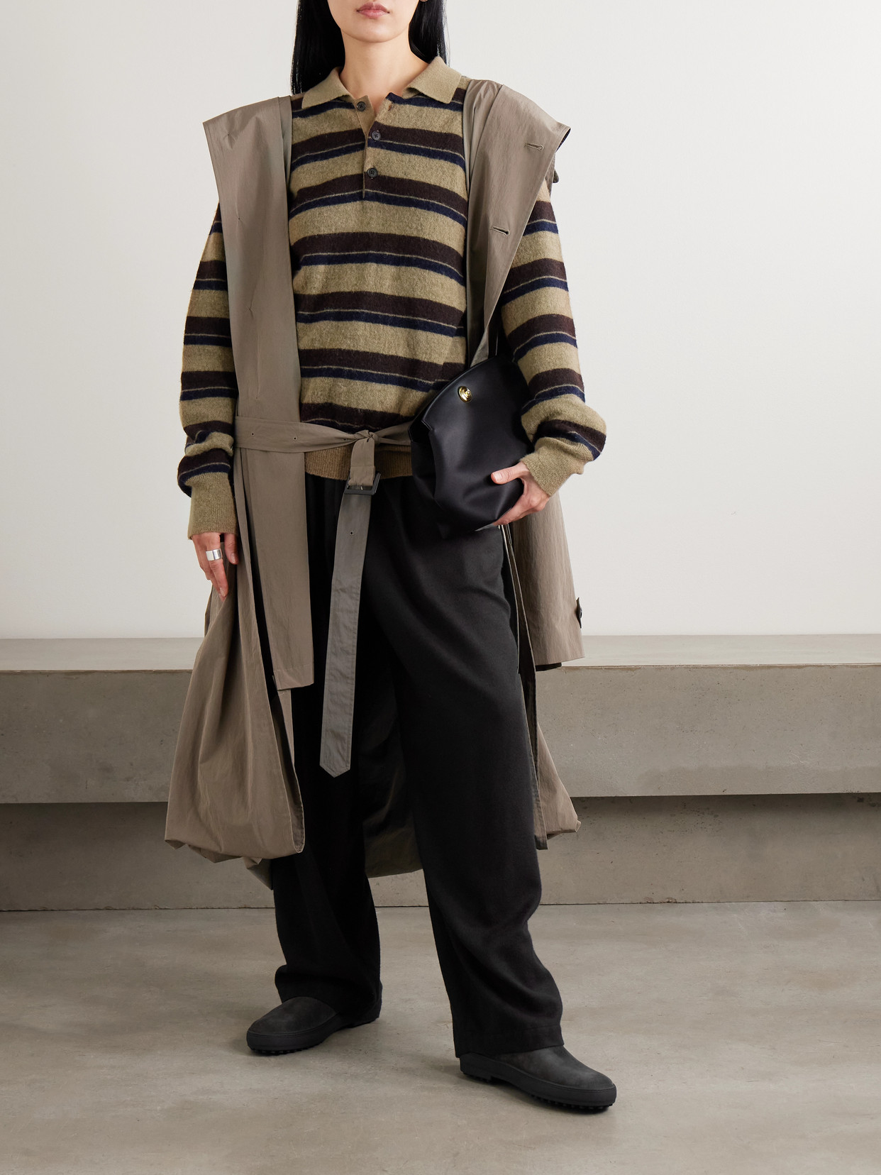 Striped Brushed Knitted Polo Sweater - Brown