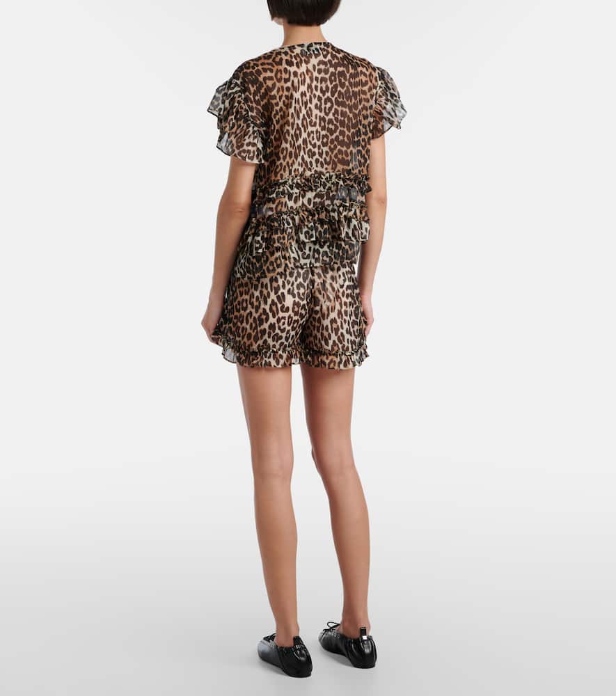 Leopard-print ruffled chiffon blouse