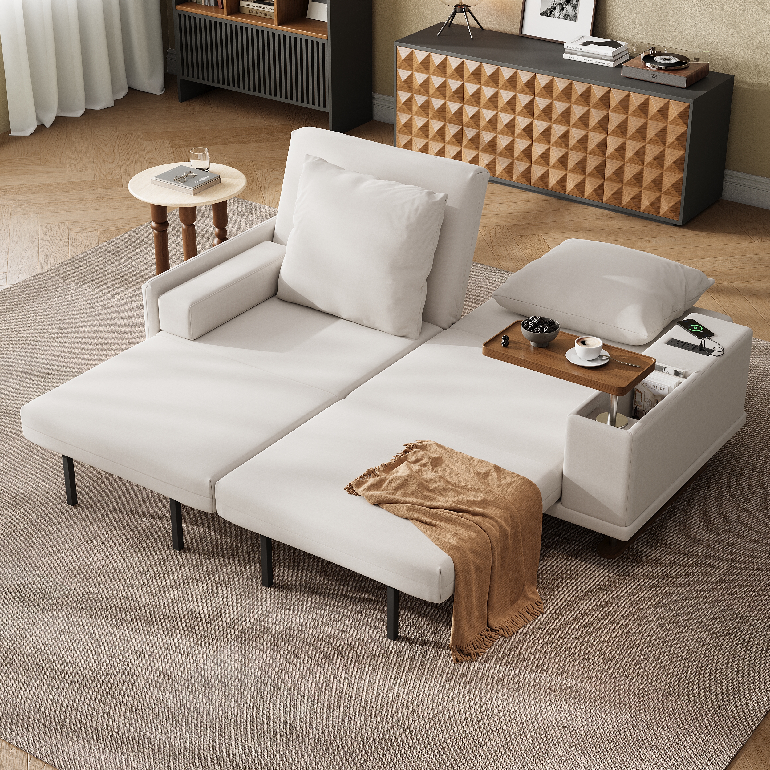 Ausziehbares Schlafsofa aus Samt in Beige mit Beistelltisch und Steckdose, 2-Sitzer Bettsofa, 200 × 190 cm