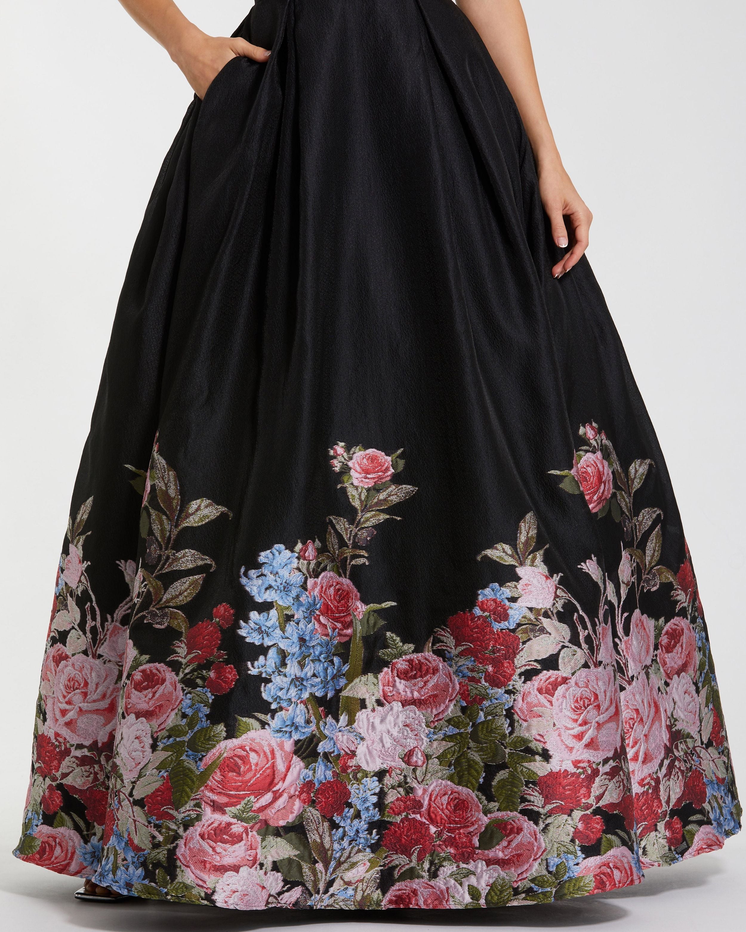 Strapless Floral Brocade Ball Maxi Gown In Black Multi