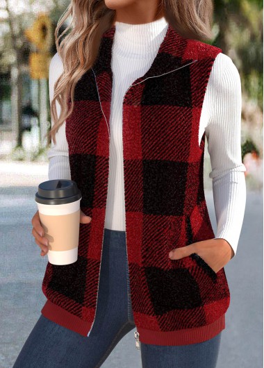 Modlily Wine Red Plush Plaid Sleeveless Stand Collar Waistcoat