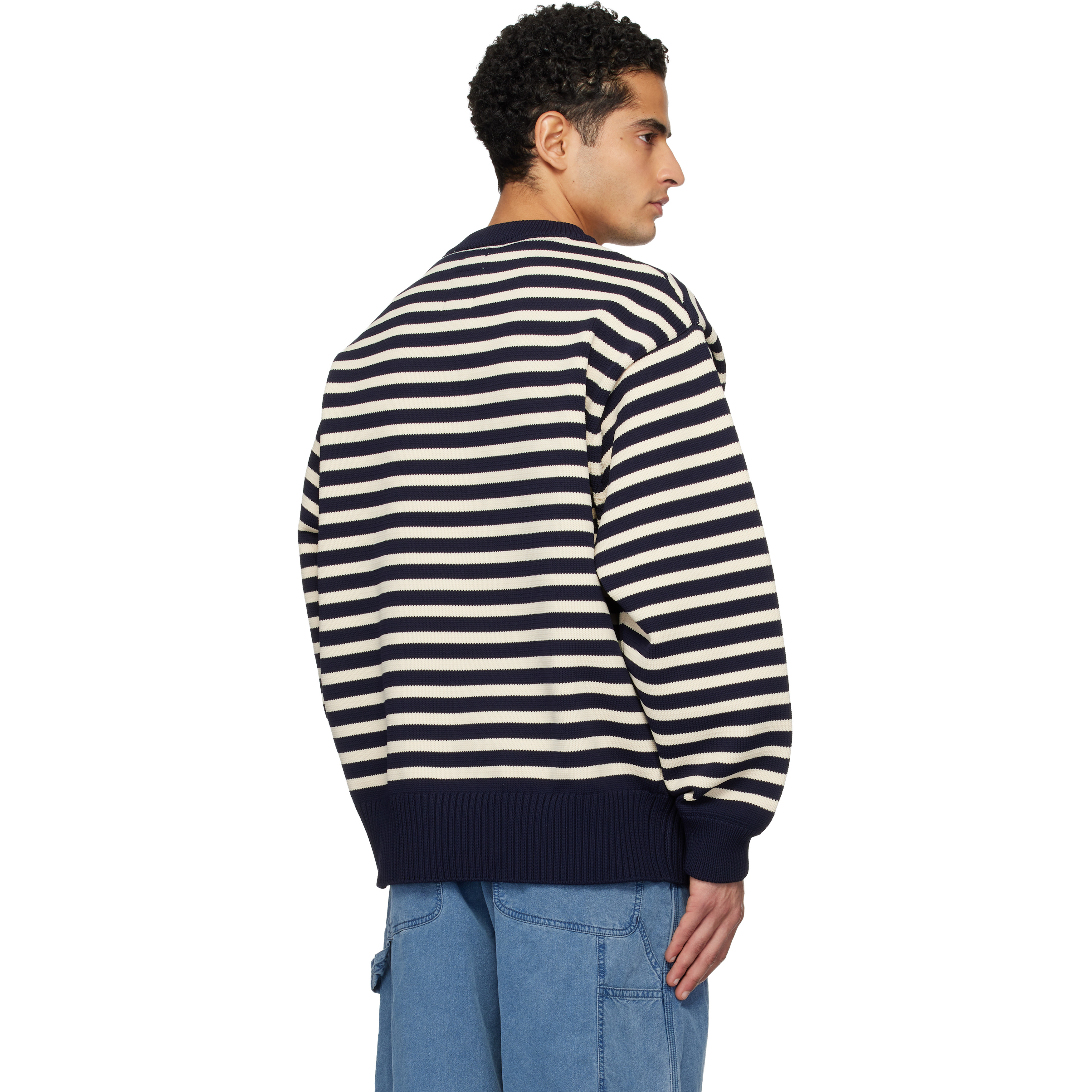Navy & Off-White Mock Neck Stripe Sweater