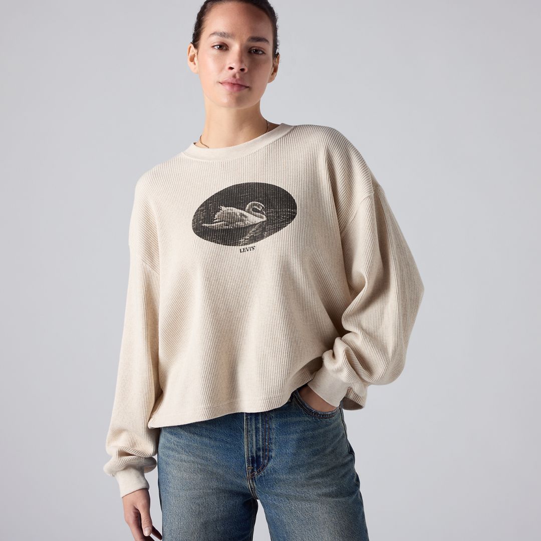 Graphic Relaxed Waffle ong-Sleeve Crewneck Top