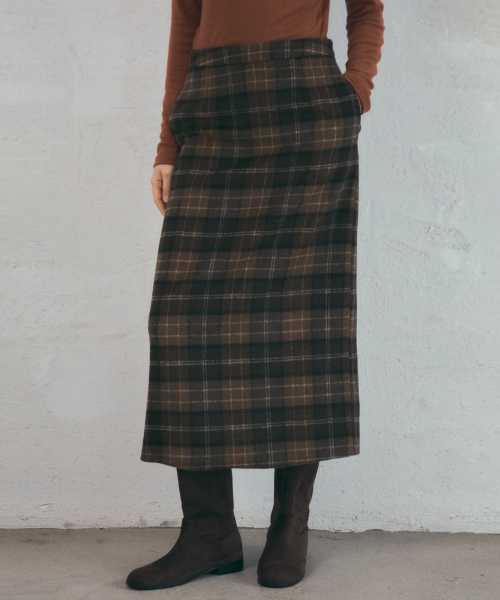 Wool Pencil Check Skirt_Brown