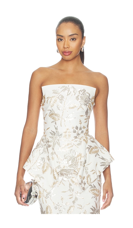 Prabal Gurung Corset Strapless Panier Top in White & Multi. 2 also , 4
