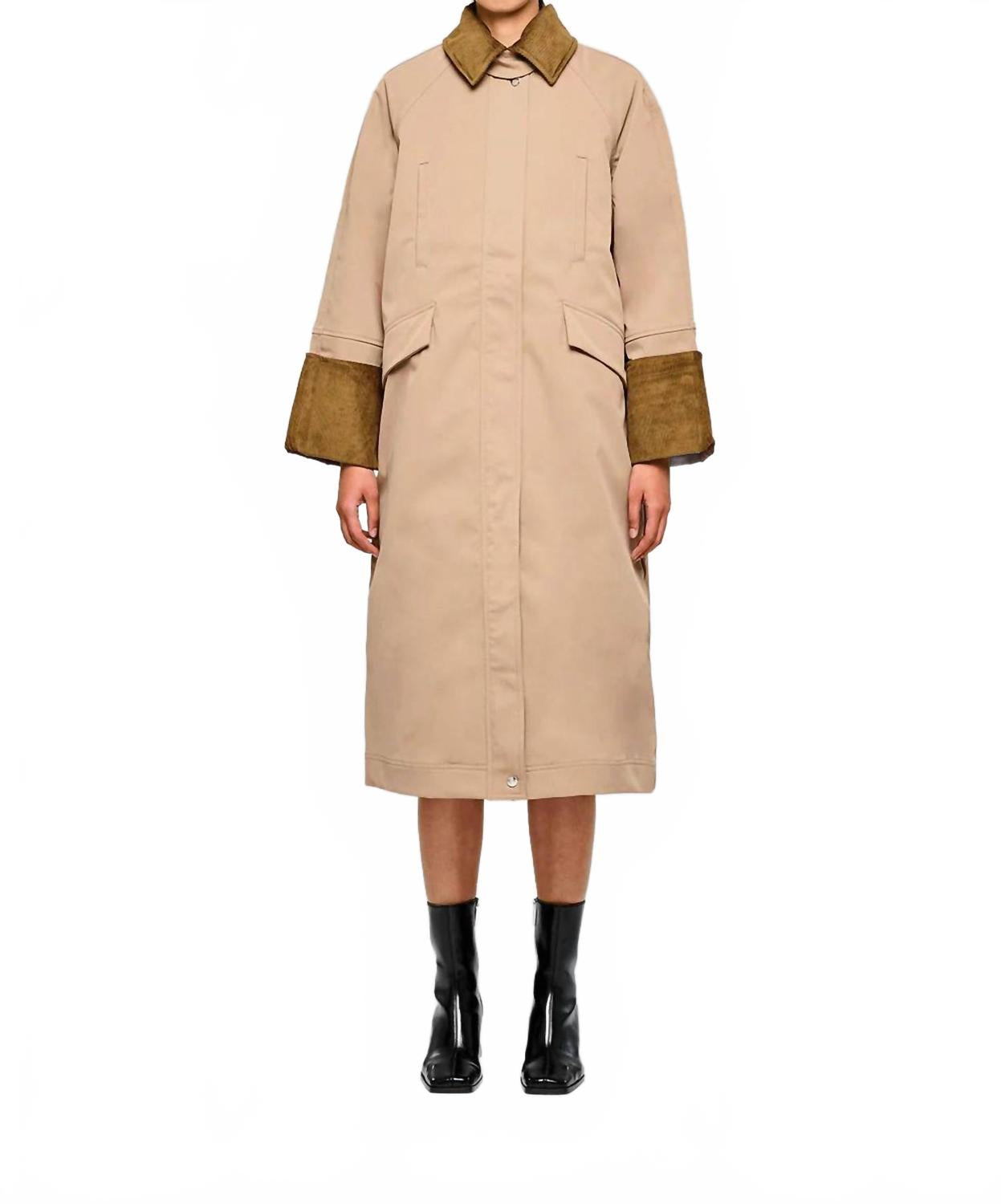 Corduroy Collar And Front Pockets Long Jacket In Tan