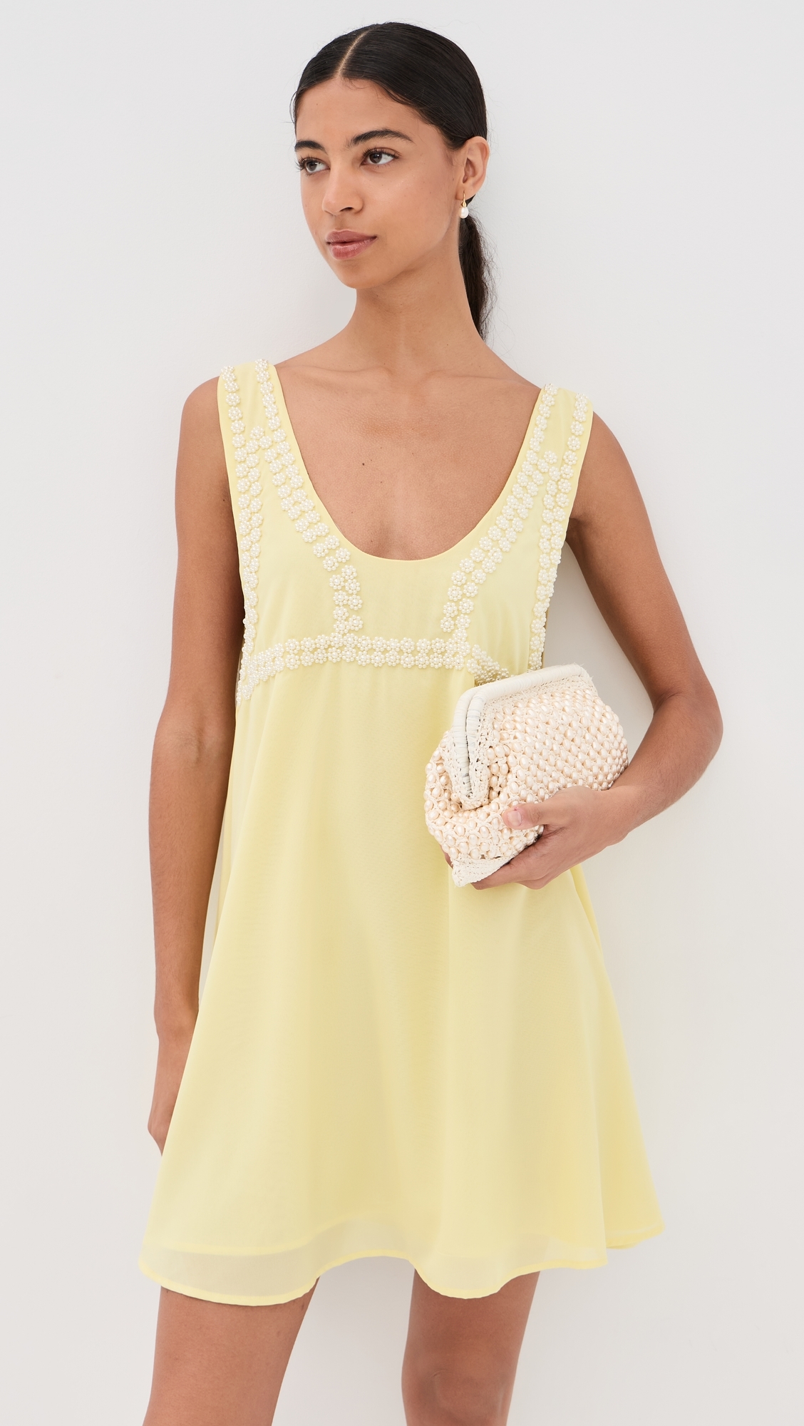 Pearl Beaded Bra Mini Swing Dress Yellow One Size