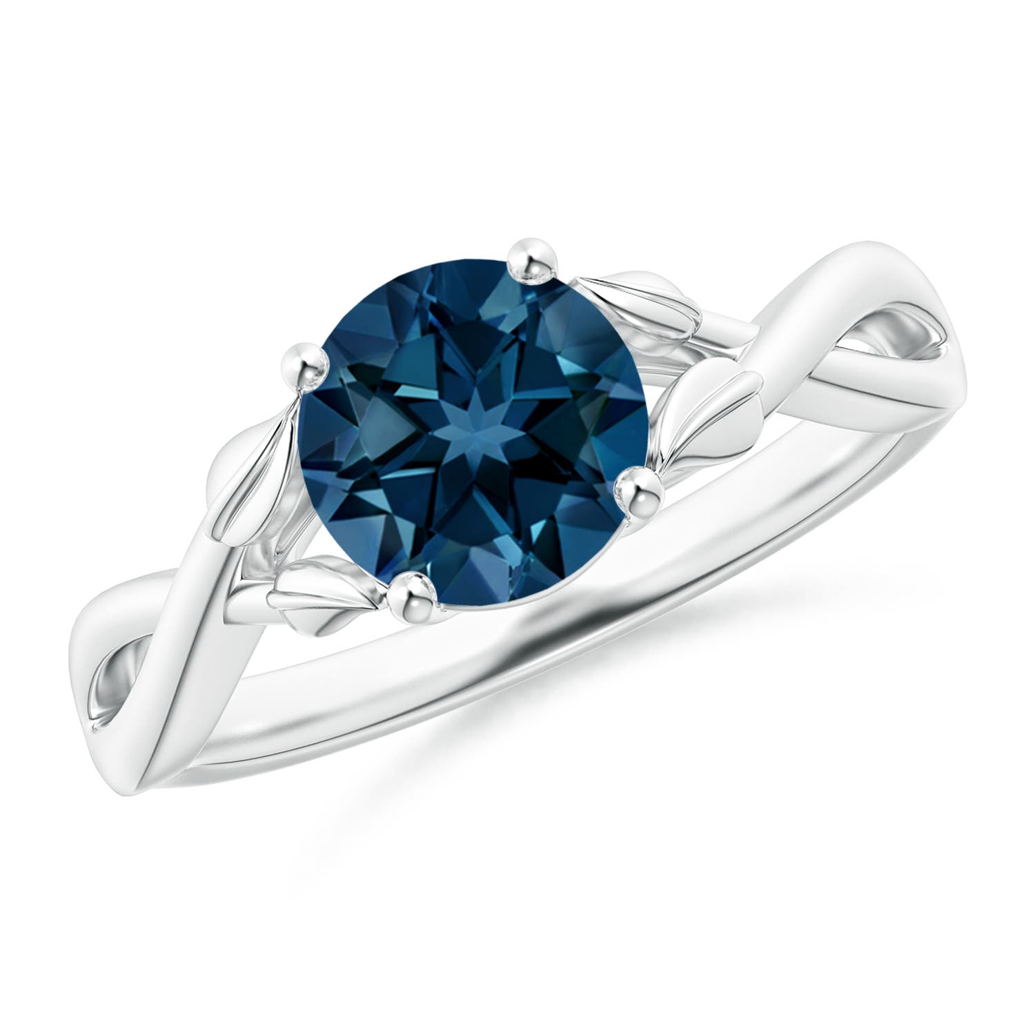 Angara 1.55 Carats Nature Inspired London Blue Topaz Crossover Ring with Leaf Motifs in Platinum